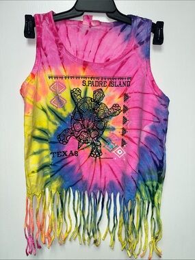 Tie-Dye Turtle Fringe Tank Top - Pink/Yellow/Blue - S. Padre Island Texas